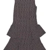 Pink and charcoal viscose-blend geometric 3D knit sleeveless swing-style shift dress with ruffled skirt