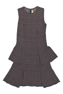 Pink and charcoal viscose-blend geometric 3D knit sleeveless swing-style shift dress with ruffled skirt