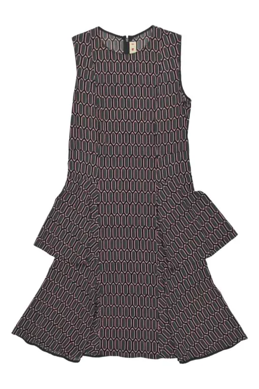 Pink and charcoal viscose-blend geometric 3D knit sleeveless swing-style shift dress with ruffled skirt