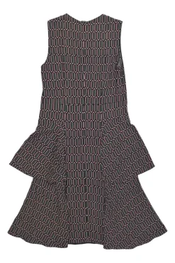 Pink and charcoal viscose-blend geometric 3D knit sleeveless swing-style shift dress with ruffled skirt