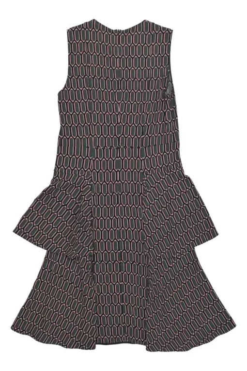 Pink and charcoal viscose-blend geometric 3D knit sleeveless swing-style shift dress with ruffled skirt