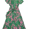 Pink and green cotton voile floral print classic collar button-front belted tiered A-line shirt dress