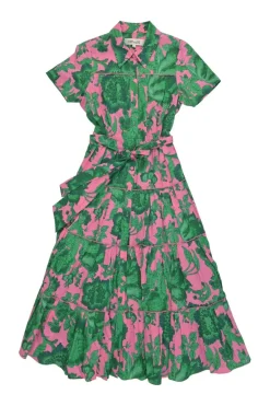 Pink and green cotton voile floral print classic collar button-front belted tiered A-line shirt dress