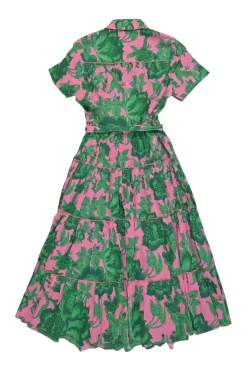 Pink and green cotton voile floral print classic collar button-front belted tiered A-line shirt dress