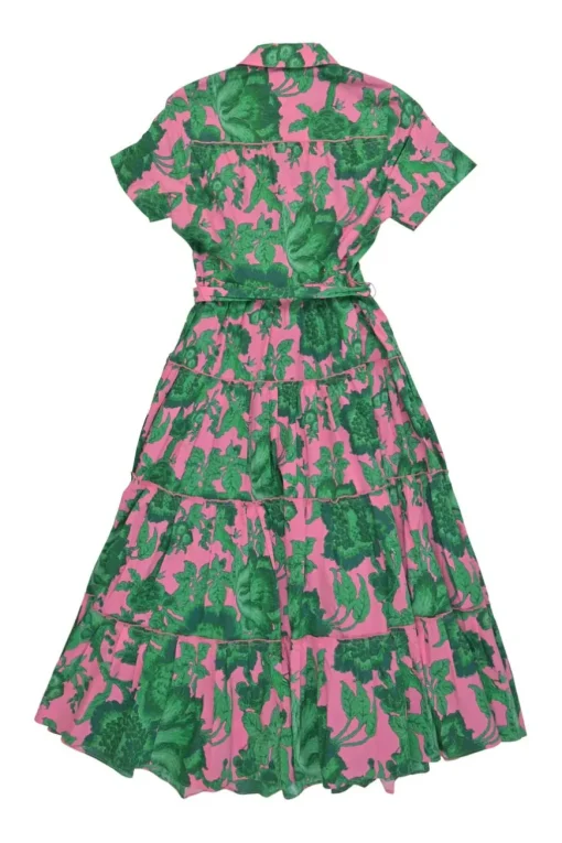 Pink and green cotton voile floral print classic collar button-front belted tiered A-line shirt dress