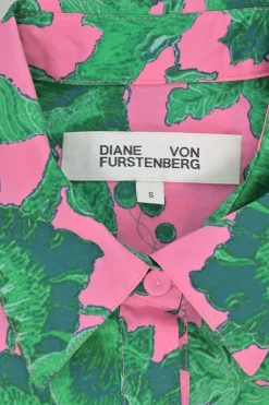 Pink and green cotton voile floral print classic collar button-front belted tiered A-line shirt dress
