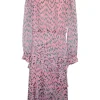 Pink and green semi-sheer silk-blend abstract devoré mock neck midi dress with asymmetric tier-ruffle skirt