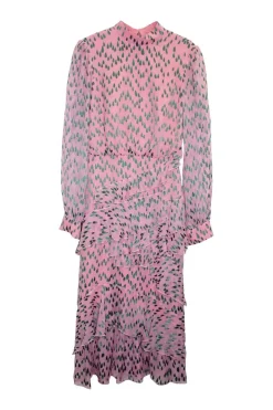 Pink and green semi-sheer silk-blend abstract devoré mock neck midi dress with asymmetric tier-ruffle skirt