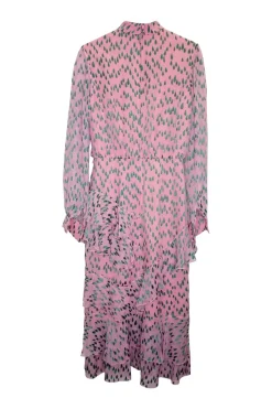 Pink and green semi-sheer silk-blend abstract devoré mock neck midi dress with asymmetric tier-ruffle skirt