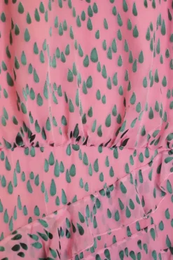 Pink and green semi-sheer silk-blend abstract devoré mock neck midi dress with asymmetric tier-ruffle skirt