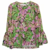 Pink and green silk-cotton graphic floral print pullover swing-style ruffle top with cropped flounce sleeves
