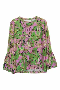 Pink and green silk-cotton graphic floral print pullover swing-style ruffle top with cropped flounce sleeves