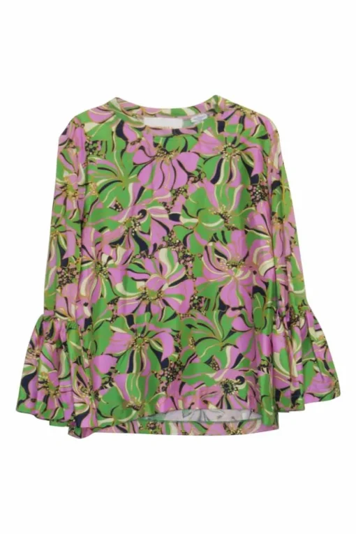 Pink and green silk-cotton graphic floral print pullover swing-style ruffle top with cropped flounce sleeves