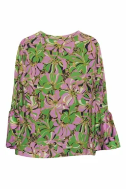 Pink and green silk-cotton graphic floral print pullover swing-style ruffle top with cropped flounce sleeves
