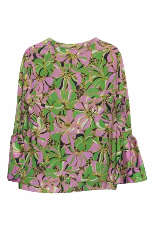 Pink and green silk-cotton graphic floral print pullover swing-style ruffle top with cropped flounce sleeves