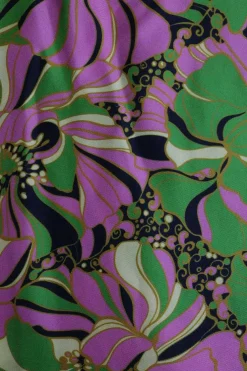 Pink and green silk-cotton graphic floral print pullover swing-style ruffle top with cropped flounce sleeves