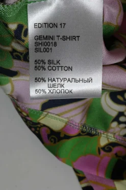 Pink and green silk-cotton graphic floral print pullover swing-style ruffle top with cropped flounce sleeves