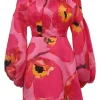 Pink and orange silk abstract floral print off-shoulder corset mini dress with portrait back and balloon sleeves