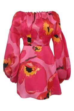 Pink and orange silk abstract floral print off-shoulder corset mini dress with portrait back and balloon sleeves