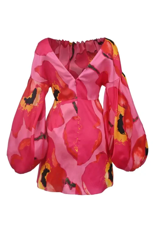 Pink and orange silk abstract floral print off-shoulder corset mini dress with portrait back and balloon sleeves
