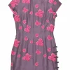 Pink and purple silk mini Qipao dress featuring frog button side slit and floral broderie motif