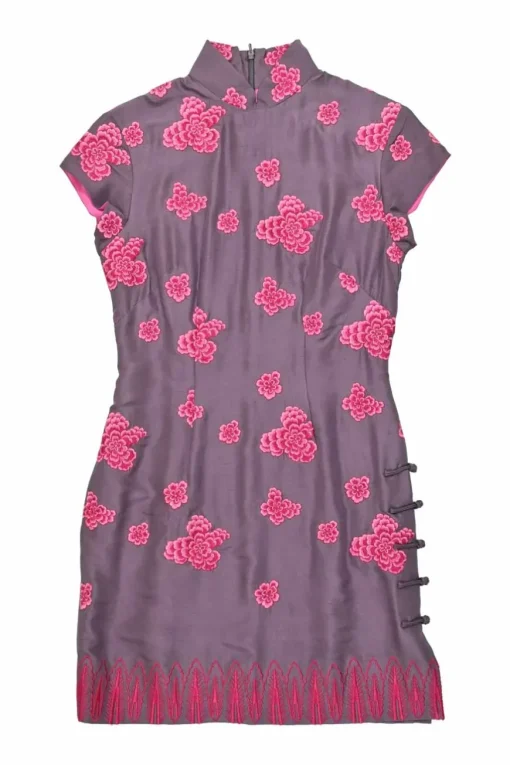 Pink and purple silk mini Qipao dress featuring frog button side slit and floral broderie motif