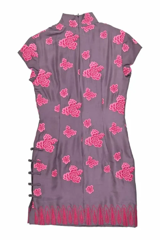 Pink and purple silk mini Qipao dress featuring frog button side slit and floral broderie motif