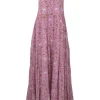 Pink and red cotton voile floral print tie-back Grecian neck tiered swing-style maxi dress