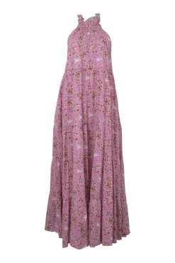 Pink and red cotton voile floral print tie-back Grecian neck tiered swing-style maxi dress