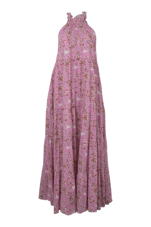 Pink and red cotton voile floral print tie-back Grecian neck tiered swing-style maxi dress