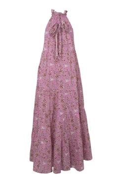 Pink and red cotton voile floral print tie-back Grecian neck tiered swing-style maxi dress