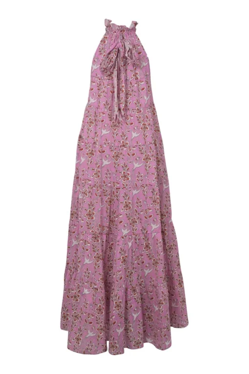 Pink and red cotton voile floral print tie-back Grecian neck tiered swing-style maxi dress