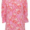 Pink and red silk floral print half sleeve pullover blouse with keyhole back