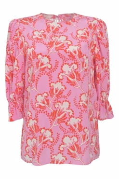 Pink and red silk floral print half sleeve pullover blouse with keyhole back