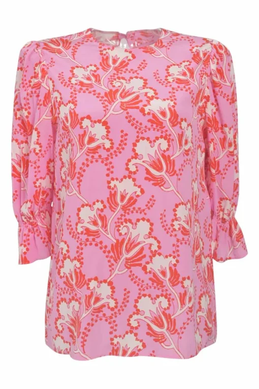 Pink and red silk floral print half sleeve pullover blouse with keyhole back