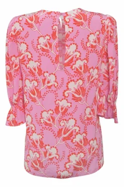 Pink and red silk floral print half sleeve pullover blouse with keyhole back