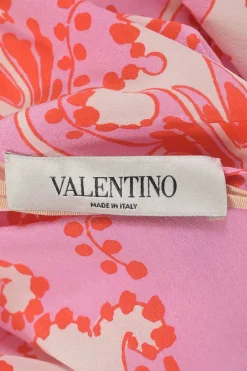 Pink and red silk floral print half sleeve pullover blouse with keyhole back