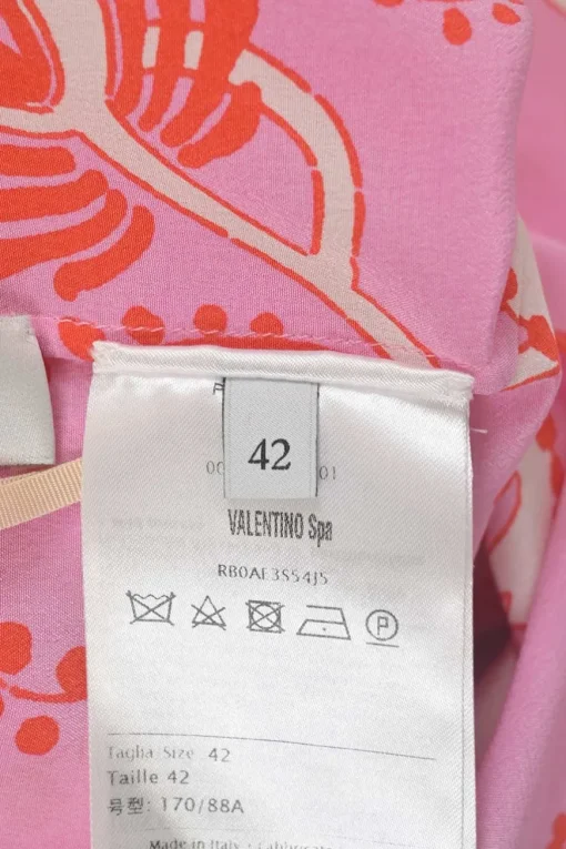 Pink and red silk floral print half sleeve pullover blouse with keyhole back