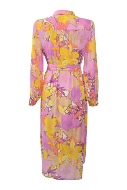 Pink and yellow silk-blend abstract graphic floral print classic collar button-front shirt dress with drawstring waist