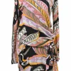 Pink bias-cut draped viscose abstract Baroque-style graphic print bateau neck blouson mini dress with self-tie fastening at waist
