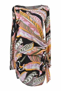 Pink bias-cut draped viscose abstract Baroque-style graphic print bateau neck blouson mini dress with self-tie fastening at waist