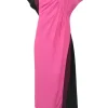 Pink bias-cut draped viscose-blend cap sleeve asymmetric spiral seam sheath dress with gathered bodice