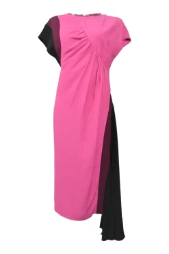 Pink bias-cut draped viscose-blend cap sleeve asymmetric spiral seam sheath dress with gathered bodice