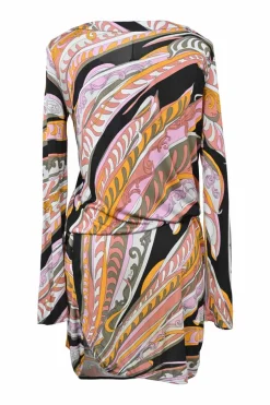 Pink bias-cut draped viscose abstract Baroque-style graphic print bateau neck blouson mini dress with self-tie fastening at waist