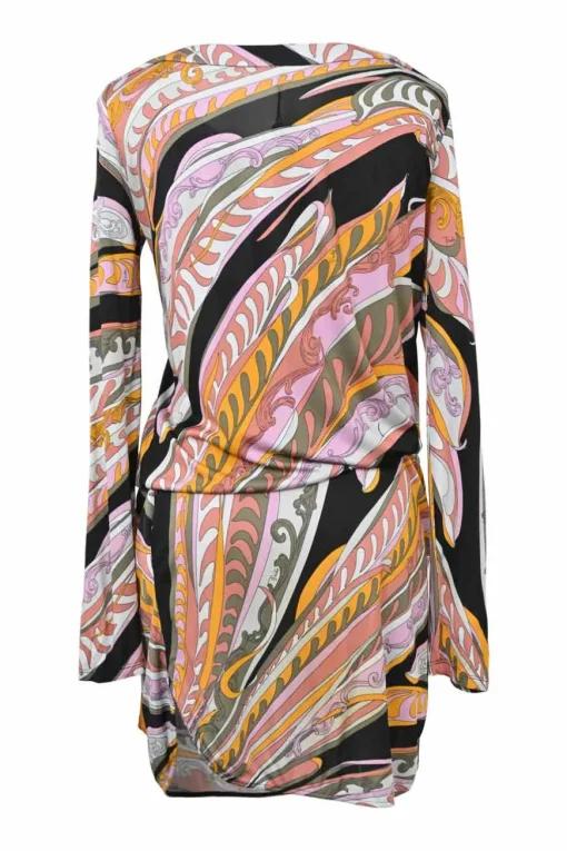 Pink bias-cut draped viscose abstract Baroque-style graphic print bateau neck blouson mini dress with self-tie fastening at waist