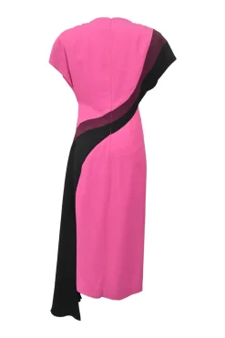 Pink bias-cut draped viscose-blend cap sleeve asymmetric spiral seam sheath dress with gathered bodice