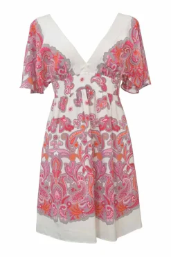 Pink bias-cut silk paisley print plunge neck empire-waist knee-length dress