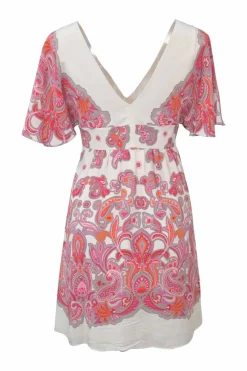 Pink bias-cut silk paisley print plunge neck empire-waist knee-length dress