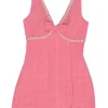 Pink bow and faux pearl-embellished polyester bouclé tweed plunge neck slit-front bustier mini dress