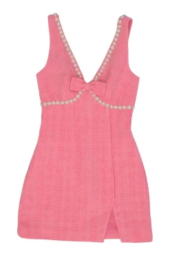 Pink bow and faux pearl-embellished polyester bouclé tweed plunge neck slit-front bustier mini dress